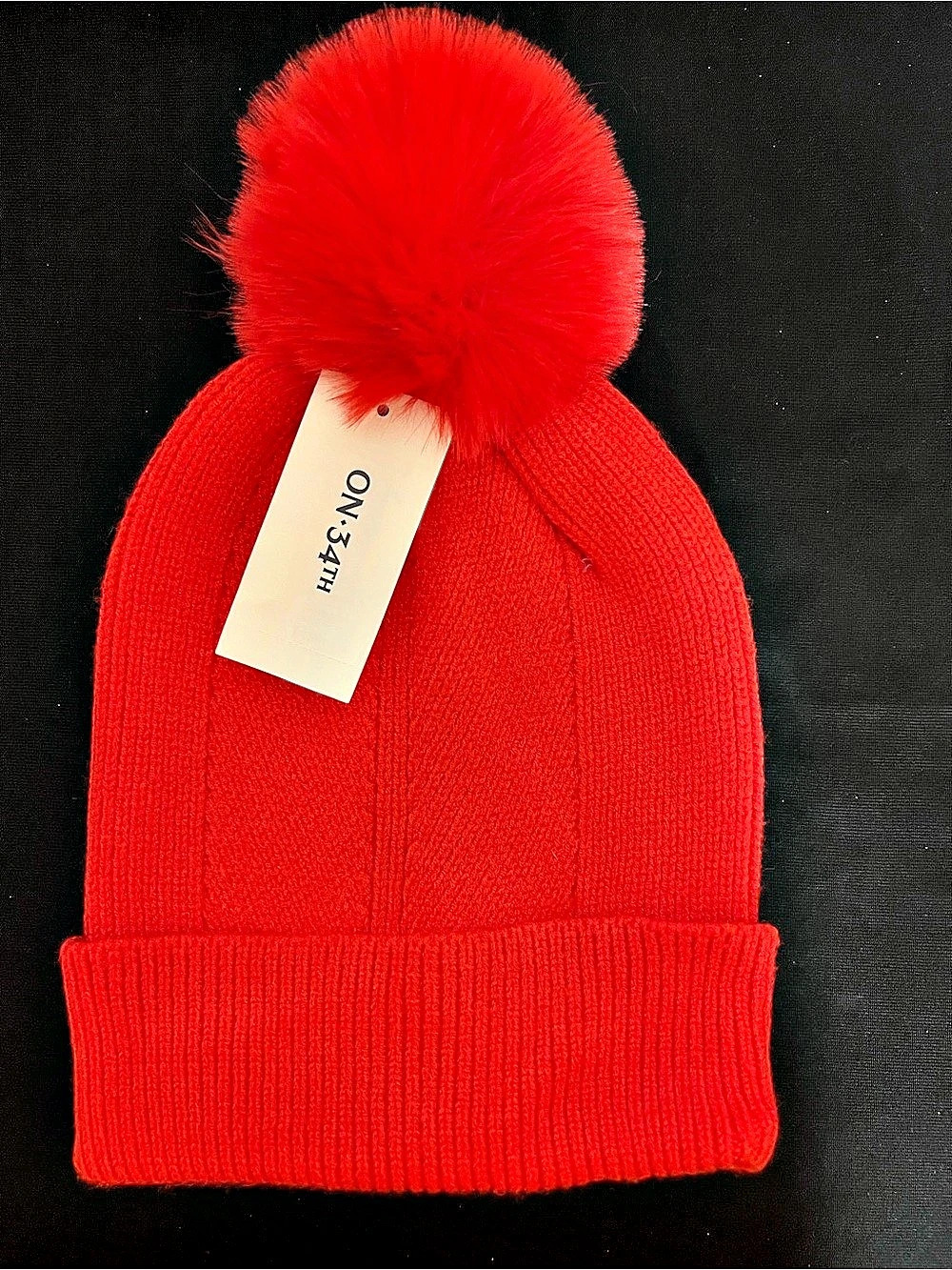On 34th Rib-Knit Beanie with Faux-Fur Pom Red